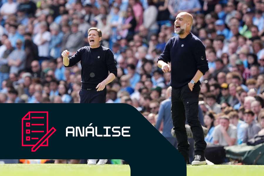 Oliver Glasner, treinador do Crystal Palace, e Pep Guardiola, treinador do Manchester City