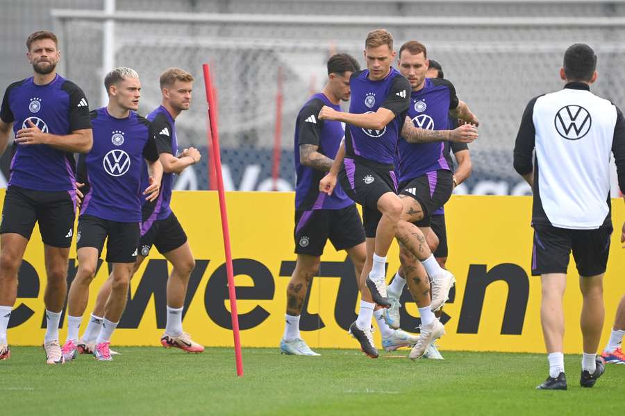 Niclas Fullkrug, pictured left, trains with Germany ahead of their match against Hungary on Saturday