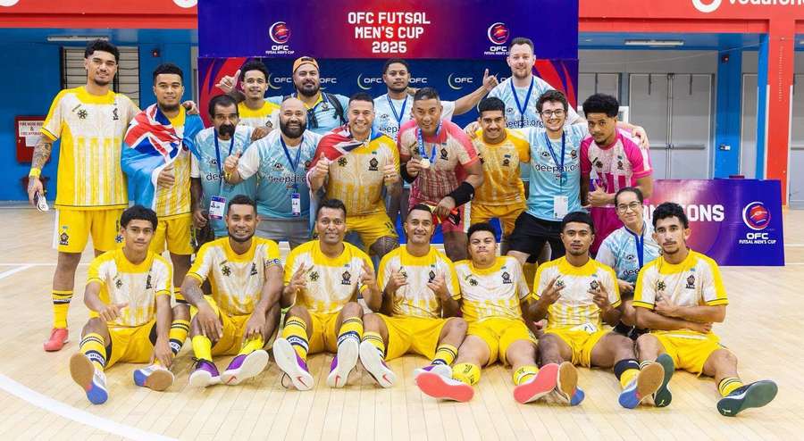Michiel (back row, right) and the Tuvaluan futsal team during the 2025 OFC Futsal Men's Cup