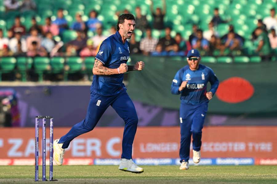 Reece Topley celebrates against Bangladesh after taking a wicket