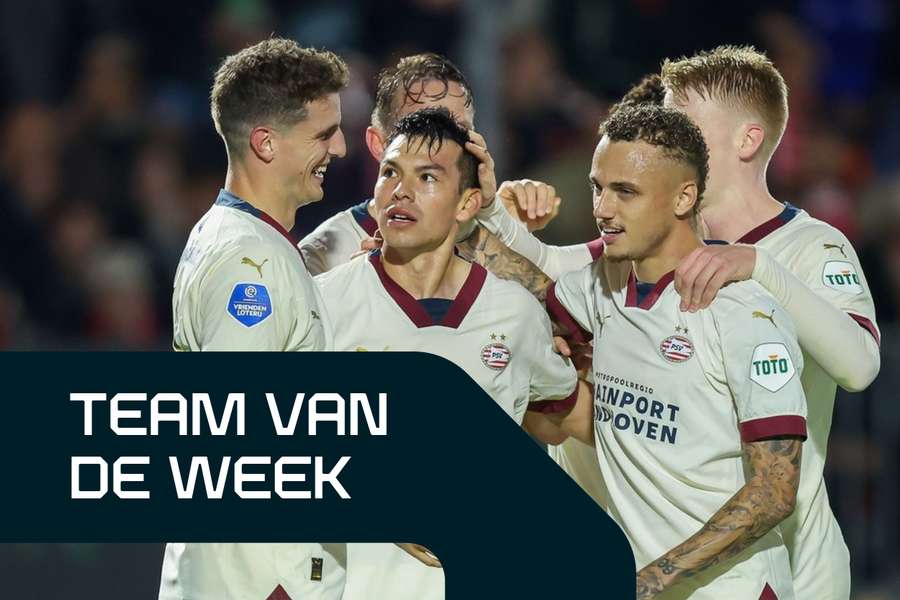 v.l.n.r Guus Til, Hirving Lozano en Noa Lang vieren een PSV-treffer v.l.n.r Guus Til, Hirving Lozano en Noa Lang vieren een PSV-treffer