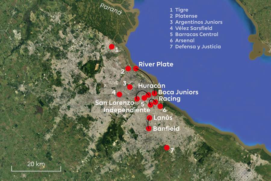 Os clubes da primeira liga da região de Buenos Aires.