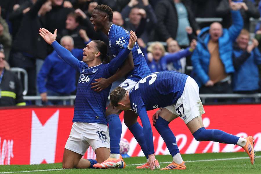 Jack Grealish celebrates after scoring the winning goal for Everton