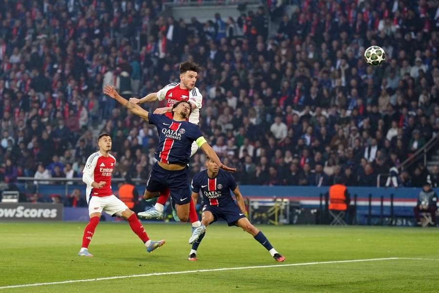 Arsenal's Declan Rice attempts a header during the Champions League semi final, second leg against PSG Arsenal's Declan Rice attempts a header during the Champions League semi final, second leg against PSG