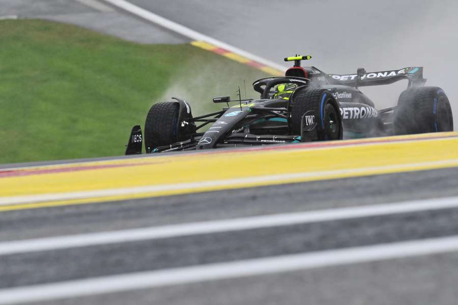 Mercedes' Lewis Hamilton drives during the practice session