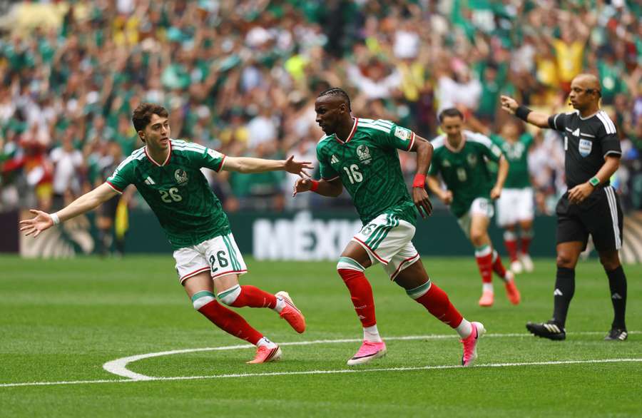 Mexico's Julian Quinones celebrates scoring their first goal with Brian Gutierrez Mexico's Julian Quinones celebrates scoring their first goal with Brian Gutierrez