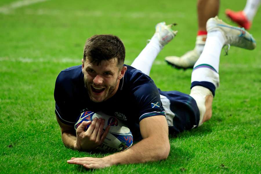 Scotland's Blair Kinghorn scores a try at the 2023 Rugby World Cup