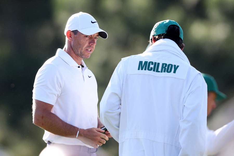Rory McIlroy looks on from the 17th green during the first round of the 2024 Masters Tournament at Augusta National Golf Club on Thursday