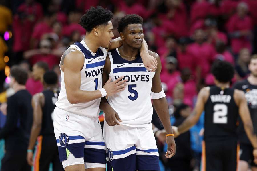 Terrence Shannon Jr (left) and Anthony Edwards of the Minnesota Timberwolves look on during the second half 