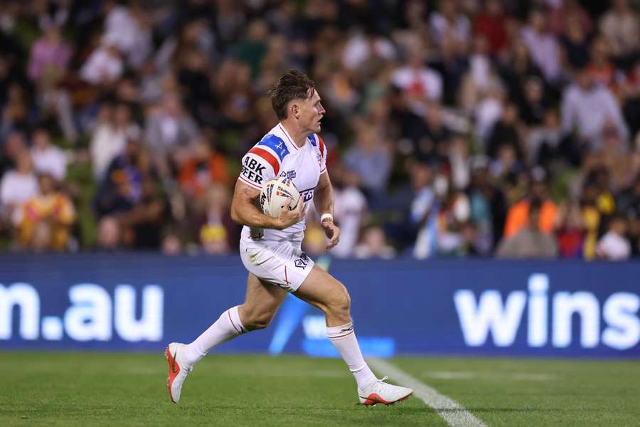 AJ Brimson charging with ball in hand during England's RLWC win over PNG. AJ Brimson charging with ball in hand during England's RLWC win over PNG.