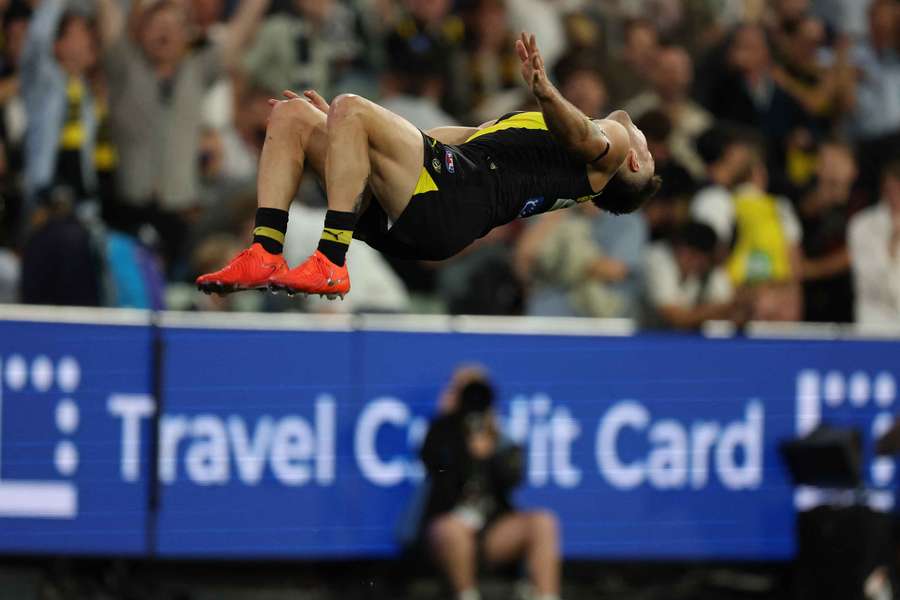 Seth Campbell celebrates Richmond's Round 1 AFL win over Carlton on Thursday.