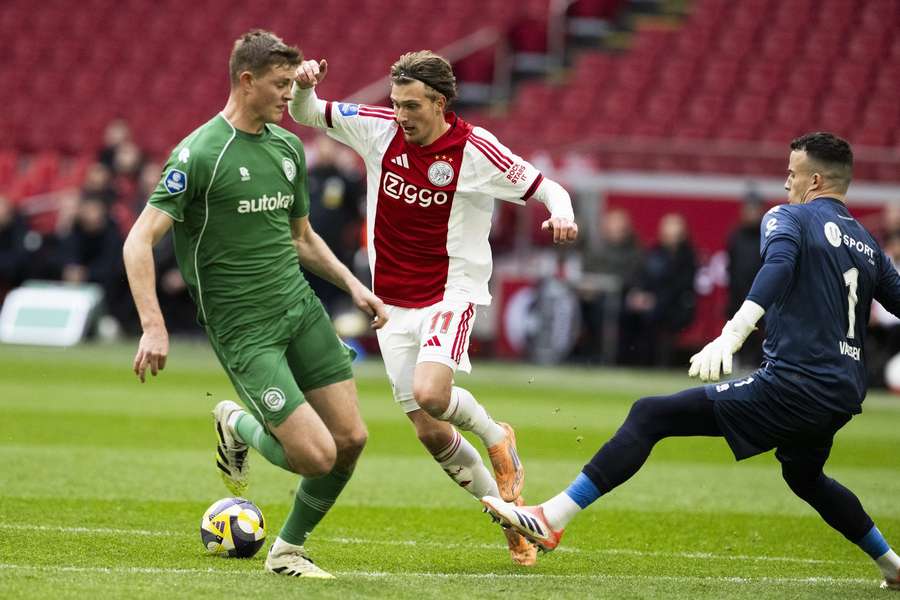 Ajax's Mika Godts dribbles his way past Groningen goalkeeper Etienne Vaessen