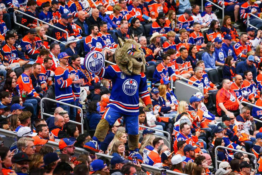 Oilers mascot Hunter the Lynx during the third period between the Oilers and the Panthers in game four of the 2024 Stanley Cup Final at Rogers Place