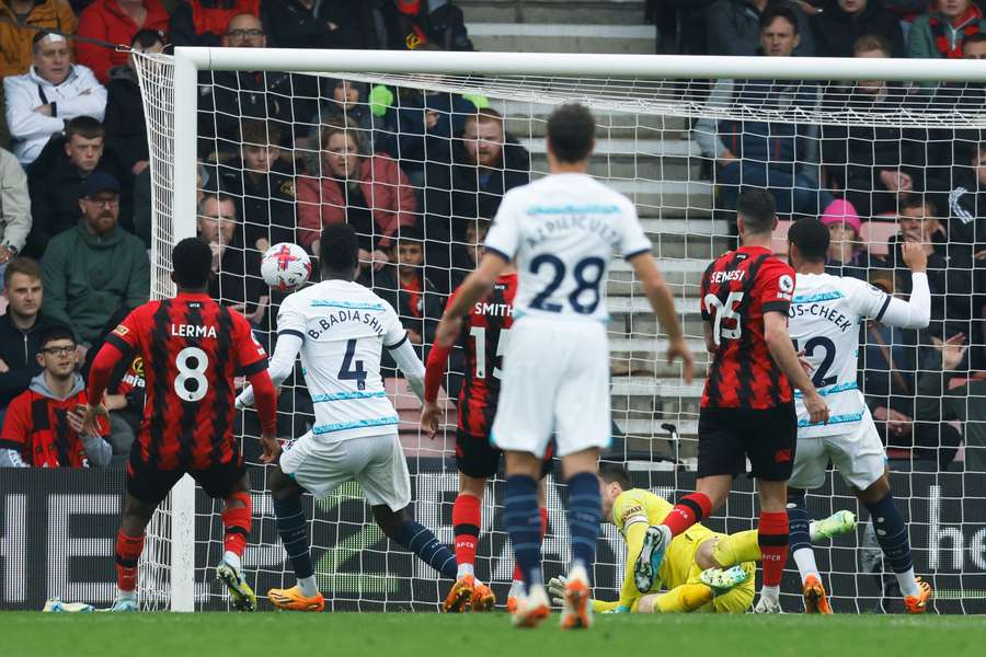 Chelsea's French defender Benoit Badiashile (2ndL) scores his team's second goal