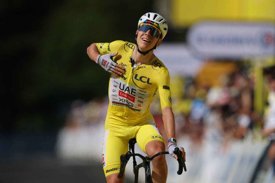 Tadej Pogacar celebrates winning stage 10 of the Tour de France in the yellow jersey Tadej Pogacar celebrates winning stage 10 of the Tour de France in the yellow jersey
