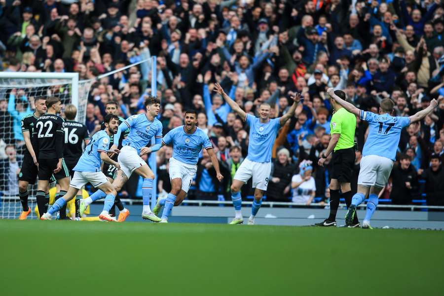 Manchester City John Stones celebrates with teammates after scoring his team first goal