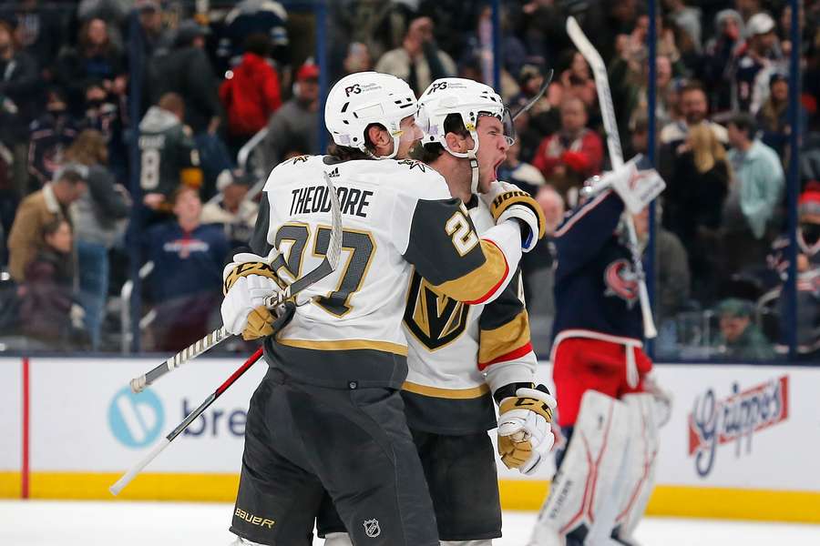 Vegas Golden Knights center Paul Cotter (43) celebrates his game winning goal during a shootout against the Columbus Blue Jackets.