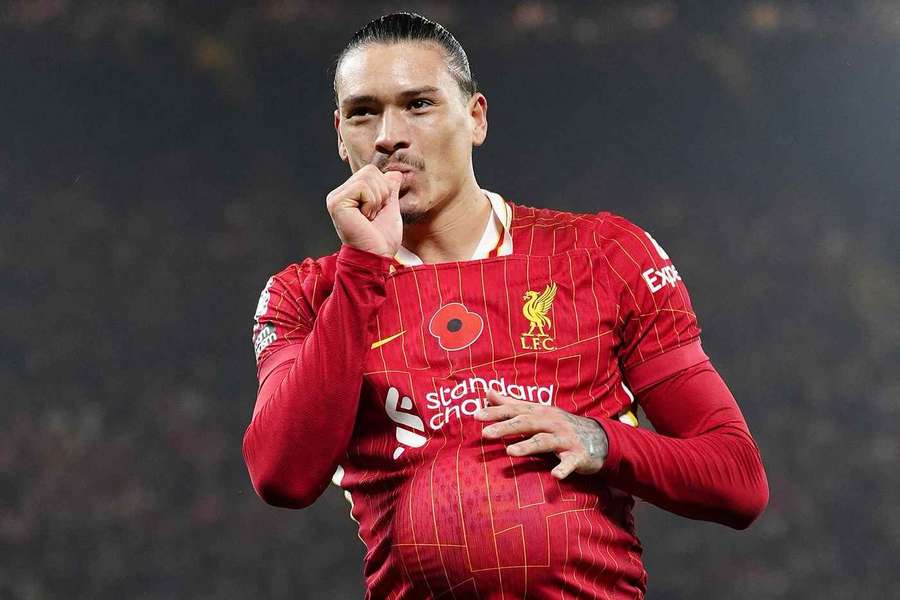 Liverpool's Darwin Nunez celebrates after scoring the opening goal against Aston Villa