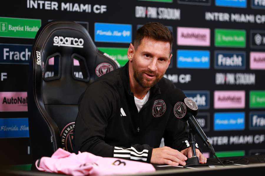 Lionel Messi #10 of Inter Miami CF speaks during a press conference at DRV PNK Stadium 