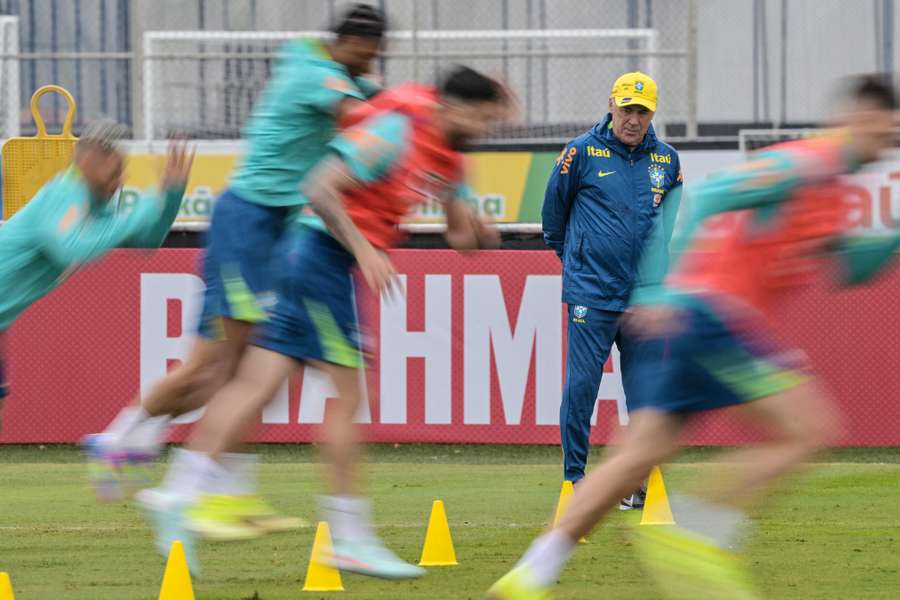 Carlo Ancelotti looks at his players during a training session ahead of their World Cup qualifier against Ecuador