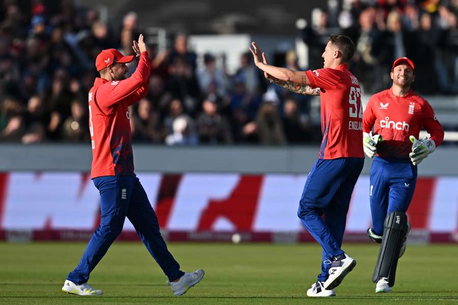 Brydon Carse (2nd L) celebrates after bowling out Finn Allen during the first T20 match between England and New Zealand at Chester-le-Street