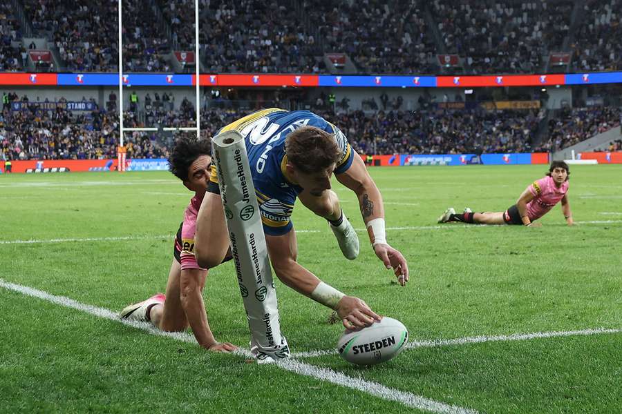 Parramatta Eels' Zac Lomax scores a corner try during their loss to Penrith Panthers.