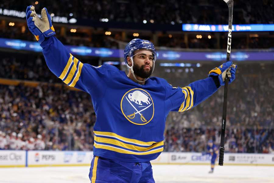 Sabres Jordan Greenway celebrates goal in Game 1 against Montreal Canadiens
