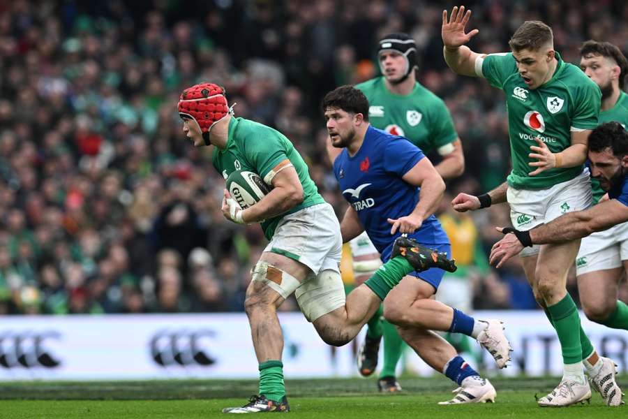 Ireland's flanker Josh van der Flier makes a break against France Ireland's flanker Josh van der Flier makes a break against France