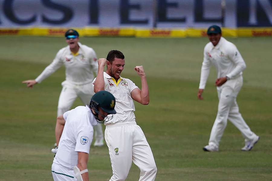 Australia bowler Josh Hazlewood celebrates taking the wicket of Morne Morkel in Durban in 2018 Australia bowler Josh Hazlewood celebrates taking the wicket of Morne Morkel in Durban in 2018