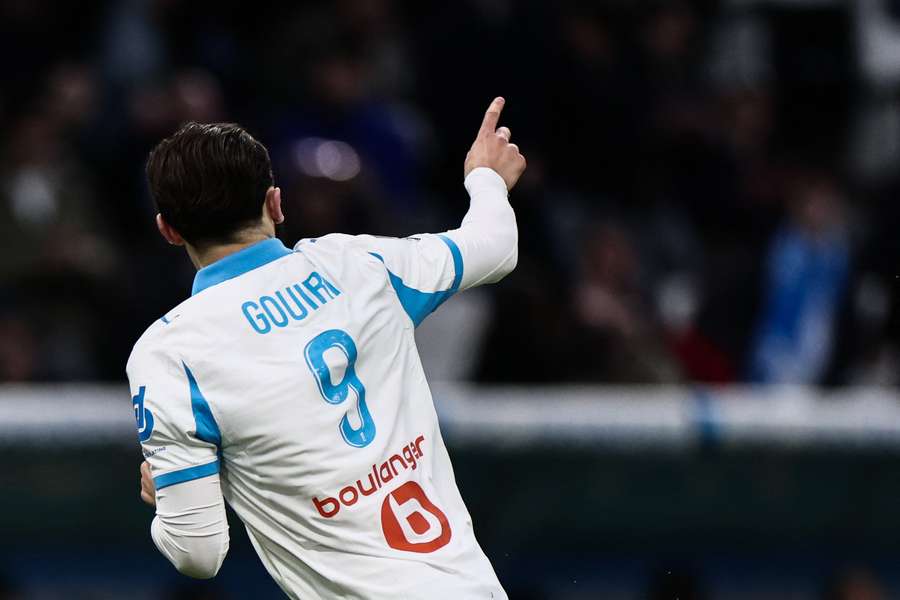 Marseille's Amine Gouiri celebrates after scoring against Strasbourg