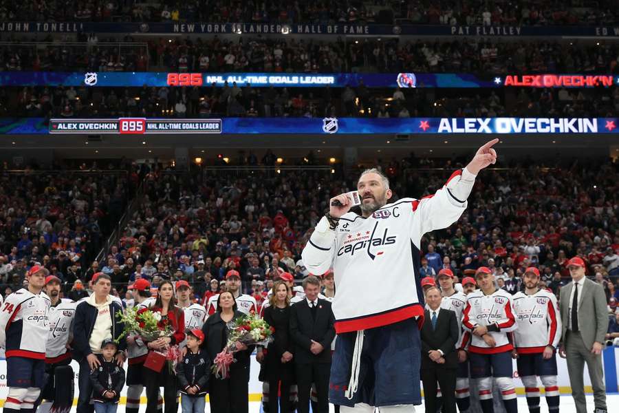 Alex Ovechkin of the Washington Capitals speaks during the celebration of his 895th career goal during the second period against the New York Islanders