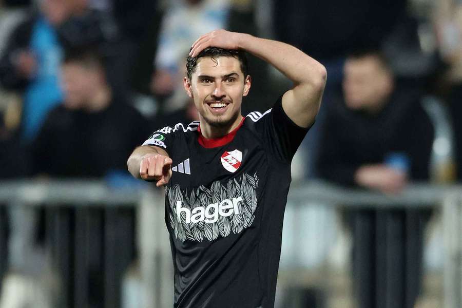 Strasbourg's Joaquin Panichelli celebrates scoring their first goal against Rijeka