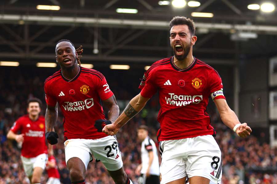 Bruno Fernandes of Manchester United celebrates after scoring the team's first goal