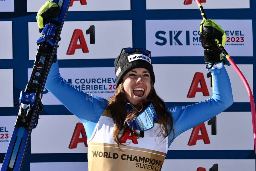 Bassino celebrates her women's super-G gold finish