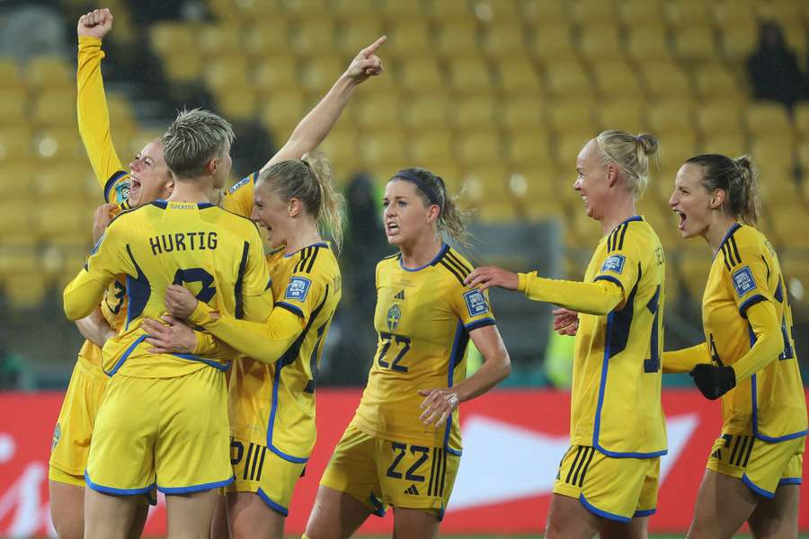 Sweden celebrate their late winner