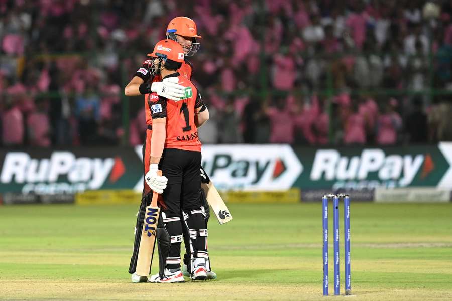 Abdul Samad (R) and Marco Jansen celebrate their win at the end of the IPL match between Rajasthan Royals and Sunrisers Hyderabad 