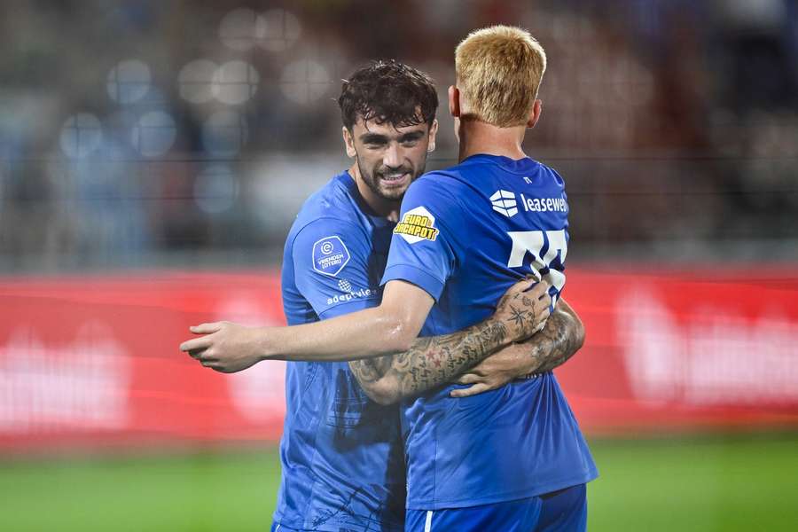 Troy Parrott (L) celebrates scoring the 1-0 against Vaduz