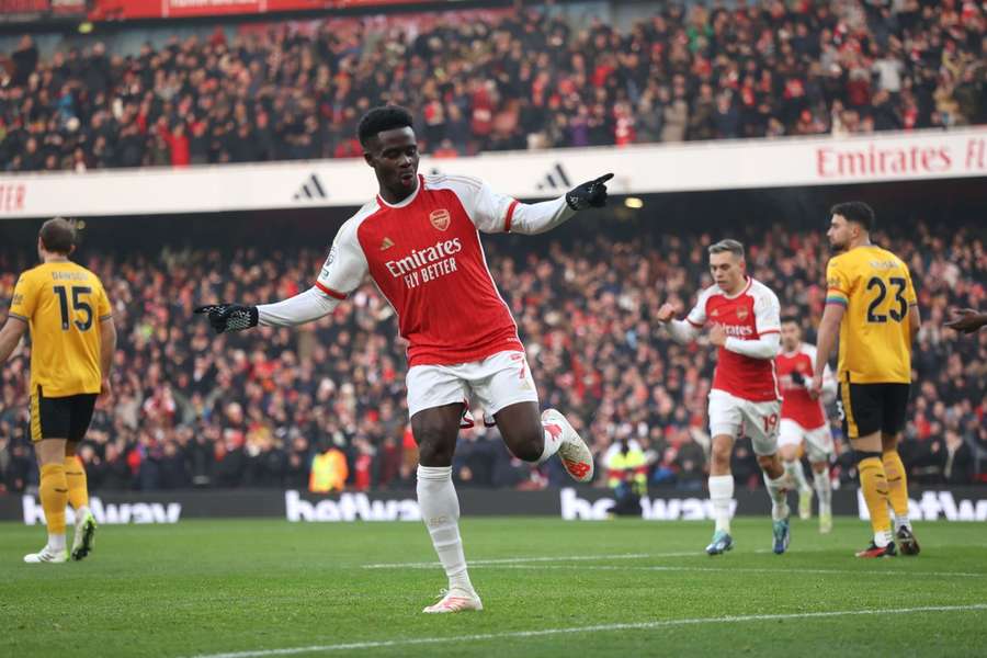 Bukayo Saka opende zaterdag de score tegen Wolverhampton Wanderers