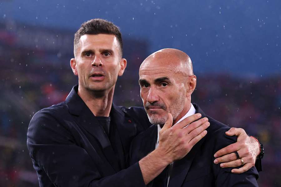 Thiago Motta, treinador do Bolonha, e Paolo Montero, interino da Juventus