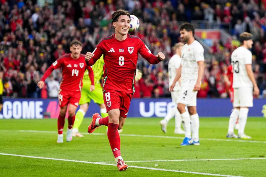Harry Wilson celebrates after scoring for Wales