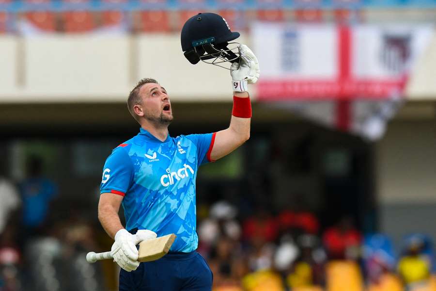 Liam Livingstone celebrates his century during England's 2nd ODI against the West Indies at Vivian Richards Cricket Stadium in Antigua and Barbuda