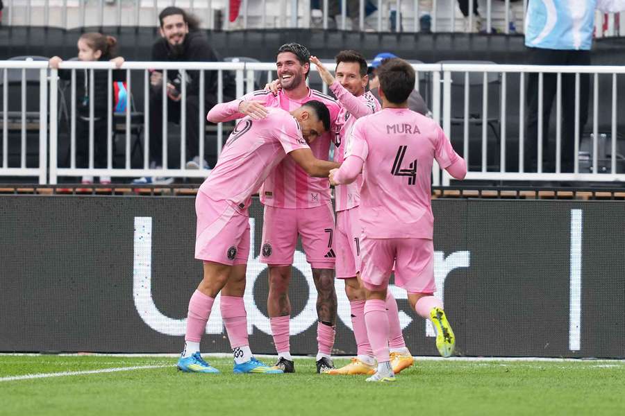 Lionel Messi celebrates scoring with German Berterame against Toronto FC