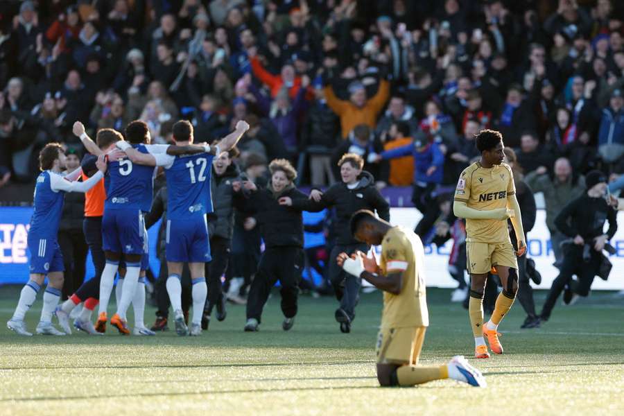 Macclesfield celebrate their stunning victory over Crystal Palace Macclesfield celebrate their stunning victory over Crystal Palace