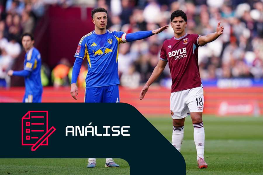 Ethan Ampadu, do Leeds United, e Mateus Fernandes, do West Ham Ethan Ampadu, do Leeds United, e Mateus Fernandes, do West Ham