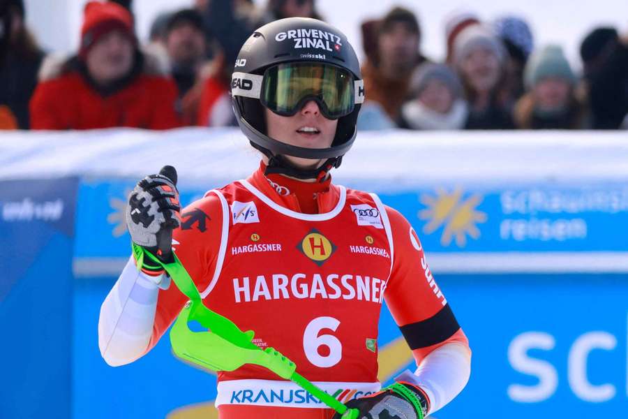 Switzerland's Camille Rast celebrates after winning the women's slalom in Kranjska Gora Switzerland's Camille Rast celebrates after winning the women's slalom in Kranjska Gora