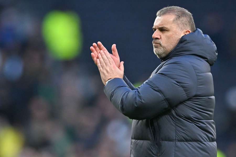 Ange Postecoglou of Tottenham Hotspur applauds the fans after the English Premier League match between Tottenham Hotspur and Crystal Palace