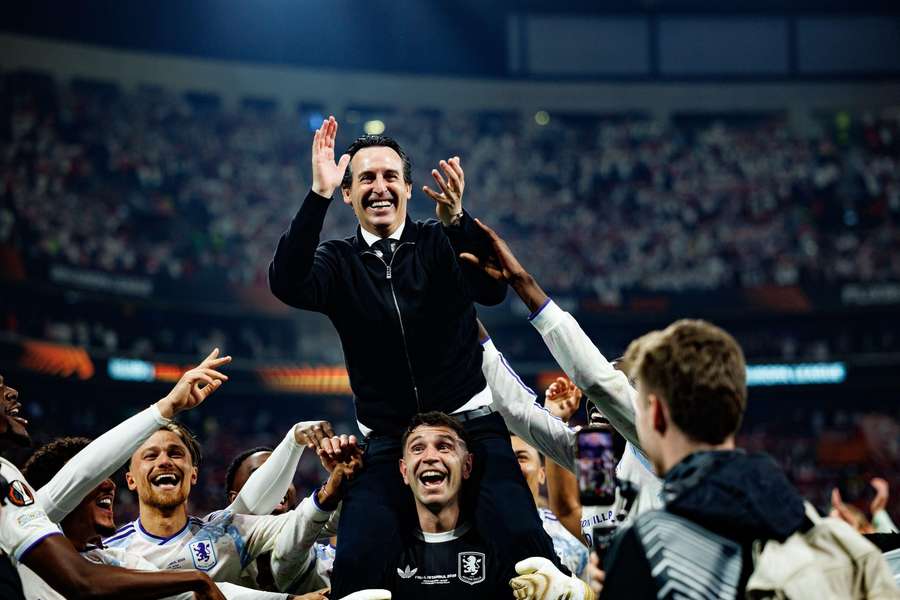 Aston Villa manager Unai Emery celebrates their Europa League win Aston Villa manager Unai Emery celebrates their Europa League win