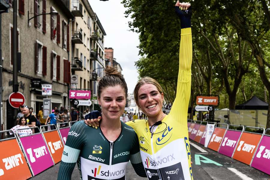 SD Worx's Dutch rider Demi Vollering (R) and Belgian teammate Lotte Kopecky (L) went 1-2 in the women's Tour de France