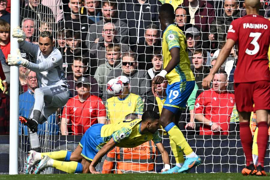 The ball bounces around in the Forest goalmouth, but doesn't go over the line during the English Premier League football match between Liverpool and Nottingham Forest at Anfield