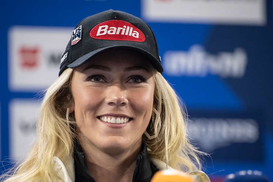 Mikaela Shiffrin speaks during a press conference